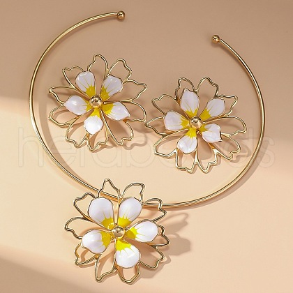 Flower Alloy Enamel Pendant Collar & Stud Earrings Sets FS-WGCE290-01-1