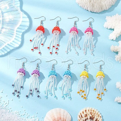 304 Stainless Steel Glass Seed Beaded Jellyfish Dangle Earrings EJEW-MZ00435-1