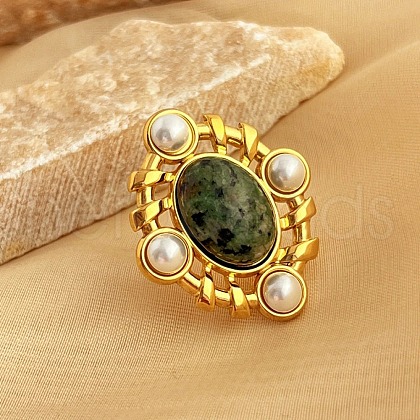 304 Stainless Steel with Natural Gemstone and Plastic Imitation Pearl Adjustable Cuff Rings for Women RJEW-Z096-02G-02-1