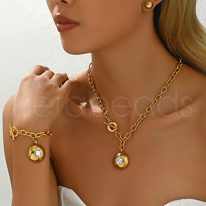 Brass Rhinestone Round Bracelets & Earrings & Pendant Necklaces Sets for Women FS-WG9AED4-04-1