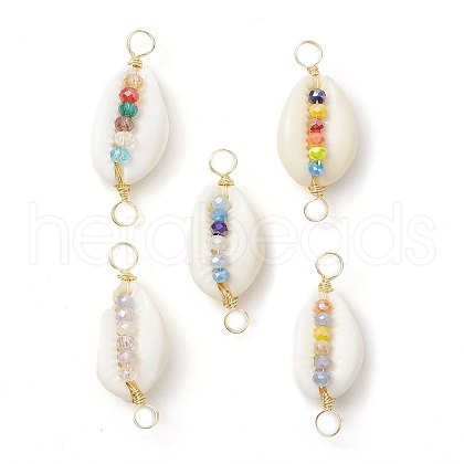Natural Cowrie Shell & Faceted Glass Connetctor Charms PALLOY-JF02664-02-1