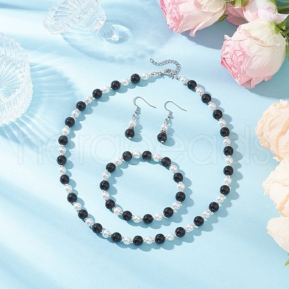 Glass Pearl Beads Necklace & Bracelet & Dangle Earring Sets for Women SJEW-JS01322-1