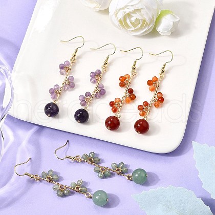 3Pair Natural Amethyst & Natural Carnelian &Natural Green Aventurine Round Dangle Earrings EJEW-TA00653-1