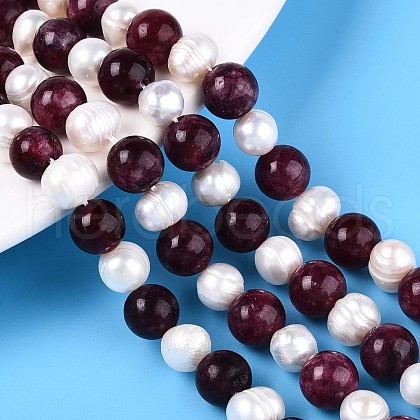 Dyed Natural Garnet Round & Natural Cultured Freshwater Pearl Grooved Potato Beads Strands PEAR-N019-12-1