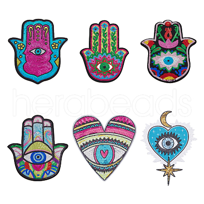 HOBBIESAY 6Pcs 6 Style Hamsa Hand/Heart with Evil Eye Computerized Embroidery Cloth Iron on Sequins Patches DIY-HY0001-50-1