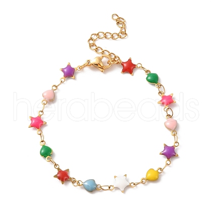 Enamel Star & Heart Link Chain Bracelet BJEW-H585-02G-1