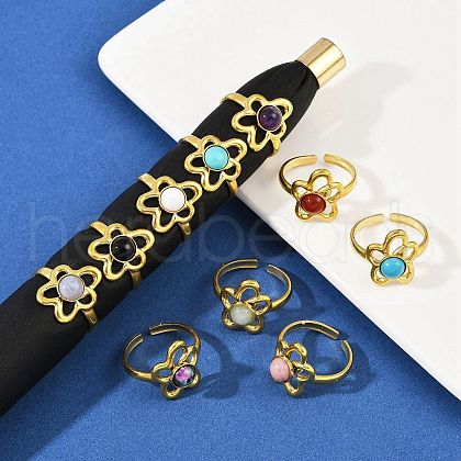 316 Stainless Steel with Natural Mixed Gemstone Cuff Rings RJEW-Z098-01G-09-1