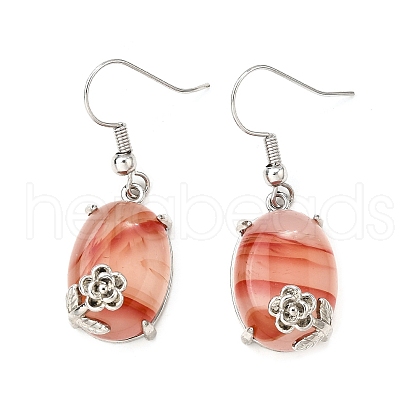 Oval with Flower Brass Dangle Earrings EJEW-XCP0001-15-1
