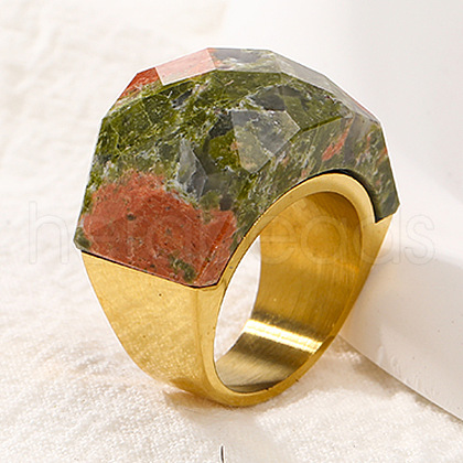 Fashionable 304 Stainless Steel & Natural Unakite Finger Rings FS-WG90577-37-1