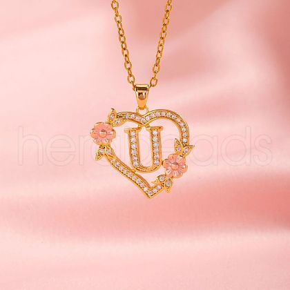 Brass Crystal Rhinestone Hollow Rose Heart with Letter Pendant Necklaces for Women WGC1928-21-1