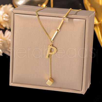 304 Stainless Steel Cube Initial Pendant Necklaces FS-WG9AF3A-07-1