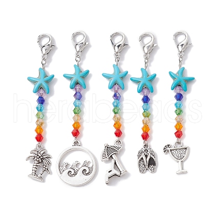 Glass & Starfish Synthetic Turquoise Pendants Decorations HJEW-JM01396-1