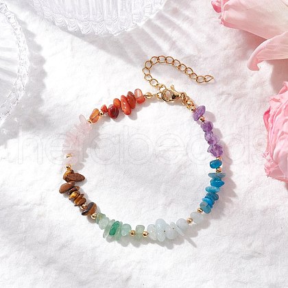 Chakra Natural Rose Quartz & Amethyst & Apatite & Aquamarine & Green Aventurine & Tiger Eye & Carnelian Chip Beaded Bracelets for Women BJEW-JB11741-01-1