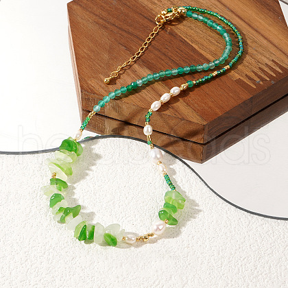 Fashionable Green Natural Stone Chip Beaded Necklaces for Women FC1774-1