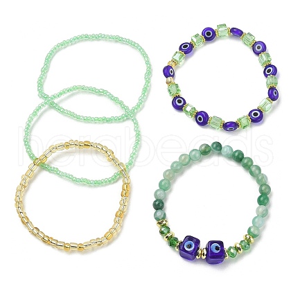 5Pcs 5 Style Natural Banded Agate & Lampwork Evil Eye & Seed Beaded Stretch Bracelets Set BJEW-JB09616-03-1