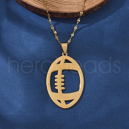 304 Stainless Steel Hollow Rugby Pendant Necklaces NJEW-D318-01G-1