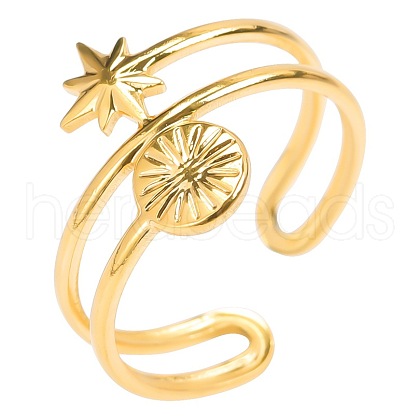 201 Stainless Steel Sun & Star Open Cuff Ring for Women FIND-PW0004-75G-1