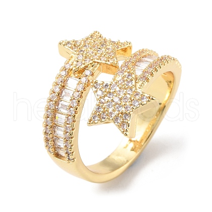 Clear Cubic Zirconia Double Star Open Cuff Rings RJEW-P089-02G-1