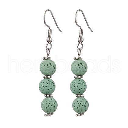 Dyed Nature Lava Rock Round Beaded Dangle Earrings for Women EJEW-JE05636-03-1
