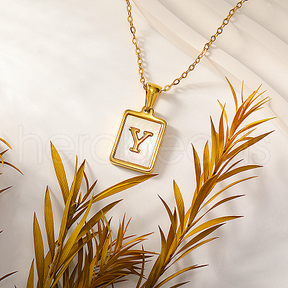 Rectangle Stainless Steel Pave Natural White Shell Initial Pendant Necklaces for Women FS-WGB5EDA-25-1