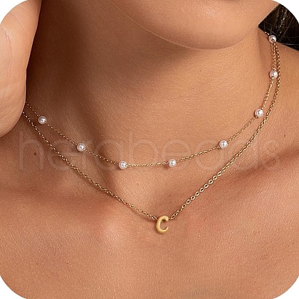 2Pcs 304 Stainless Steel & White Plastic Imitation Pearl Letter Pendant Double Layer Necklaces FS-WG86091-03-1