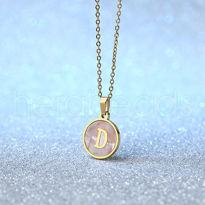 Flat Round Stainless Steel Pave Natural White Shell Initial Pendant Necklaces for Women FS-WG6FA45-04-1