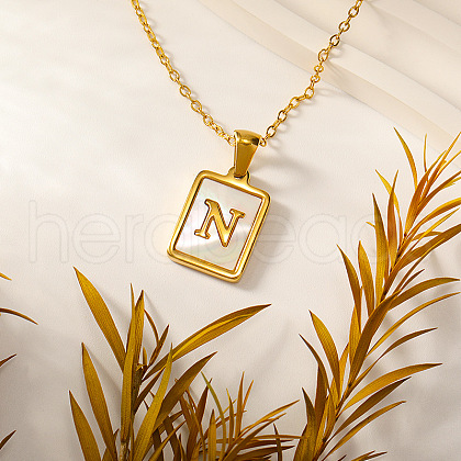 Rectangle Stainless Steel Pave Natural White Shell Initial Pendant Necklaces for Women FS-WGB5EDA-14-1