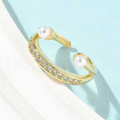 Brass Micro Pave Cubic Zirconia ABS Imitation Pearl Cuff Rings RJEW-D307-02G-C-1
