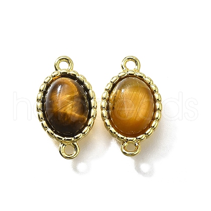 Brass Pave Natural Tiger Eye Oval Links Connector Charms KK-K398-24G-1