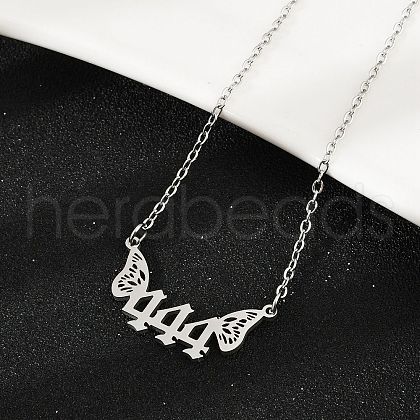 201 Stainless Steel Number 444 with Butterfly Wings Pendant Necklaces NJEW-P332-01B-P-1