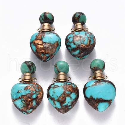 Heart Assembled Natural Bronzite and Synthetic Turquoise Openable Perfume Bottle Pendants G-R484-01B-1