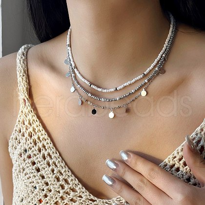 Summer Beach Alloy Coin Tassel Glass Seed Beaded 3 Layer Necklaces for Women FS-WGF3BD7-04-1