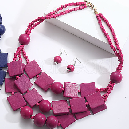 Bohemian Style Wood Square & Round Beaded Multilayer Necklaces & Dangle Earrings Sets FS-WG2F343-04-1