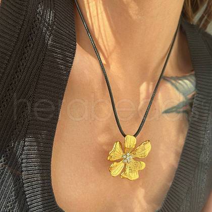 Flower 304 Stainless Steel Micro Pave Clear Cubic Zirconia Pendant Imitation Leather Cord Necklaces FS-WG6686F-01-1