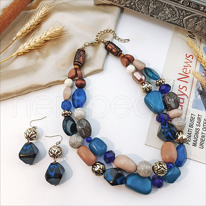 Wood Beaded Double Layer Necklaces & Dangle Earrings Sets FS-WGB5610-12-1