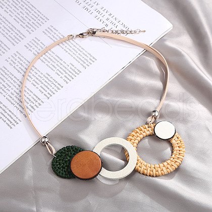 Bohemian Style Alloy and Raffia Geometric Pendant PU Leather Cord Bib Necklaces FS-WG7F958-03-1