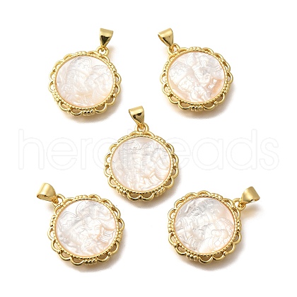Brass with Natural Shell Carved Pendants KK-Z091-06G-02-1