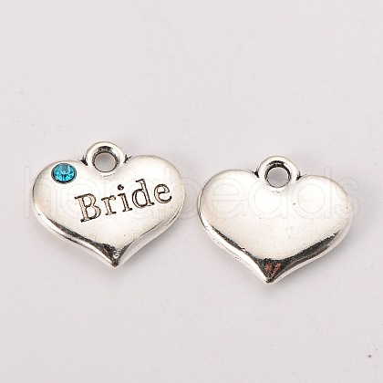 Wedding Theme Antique Silver Tone Tibetan Style Heart with Bride Rhinestone Charms X-TIBEP-N005-12A-1
