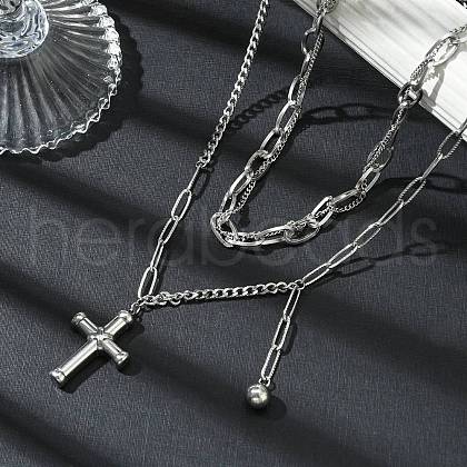 304 Stainless Steel Cross Pendant Chain Necklaces NJEW-M078-05P-1