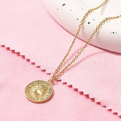304 Stainless Steel Flat Round Cameo Pendant Cable Chain Necklaces for Women STAS-Z108-02G-02-1