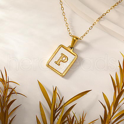 Rectangle Stainless Steel Pave Natural White Shell Initial Pendant Necklaces for Women FS-WGB5EDA-16-1