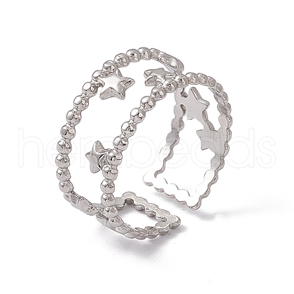 Non-Tarnish 304 Stainless Steel Stars Double Line Open Cuff Ring for Women RJEW-C045-24P-1