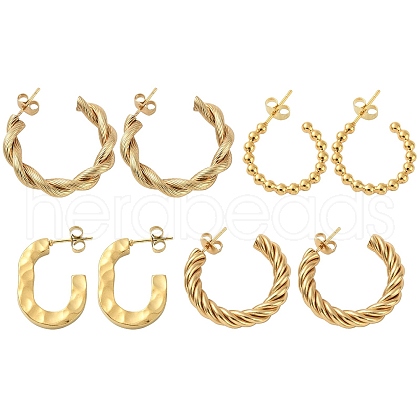 4 Pairs 4 Style 304 Stainless Steel Twist Rope & Oval & Ball Beaded C-shape Stud Earrings EJEW-TZ0001-01-1