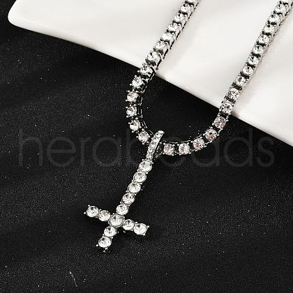 Alloy Full Crystal Rhinestone Inverted Cross Pendant Necklaces NJEW-P333-01P-1