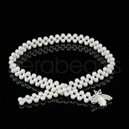 White Acrylic Pearl Beaded Elastic Chain Belts with Alloy Buckles WG1BD5E-10-1