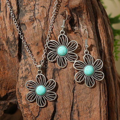 Bohemian Style Zinc Alloy & Synthetic Turquoise Pendant Necklaces & Dangle Earrings Sets WG40DB6-06-1