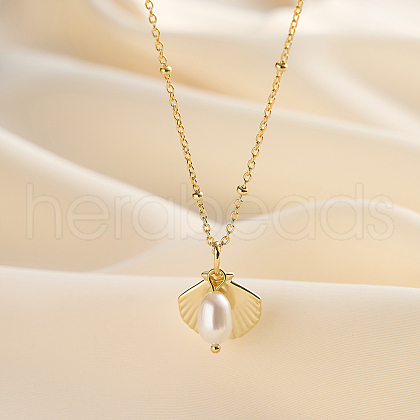 Summer Beach 925 Sterling Silver with Rice Natural Freshwater Pearl Shell Shaped Pendant Necklaces for Women NJEW-M097-01G-1