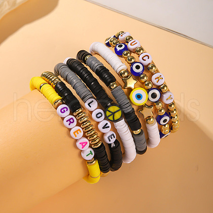 8Pcs 8 Colors Handmade Polymer Clay Heishi Bead Stretch Bracelet Set WG3957D-03-1
