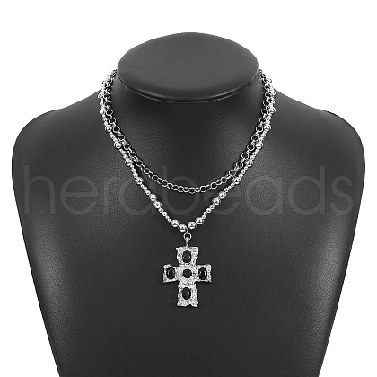CCB Plastic Round Beaded Iron Alloy Jet Rhinestone Cross Pendant Double Layer Necklaces FS-WGE63DA-02-1
