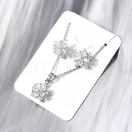 Flower Brass Micro Pave Clear Cubic Zirconia Stud Earrings & Pendant Necklaces Sets SJEW-Z002-04P-1